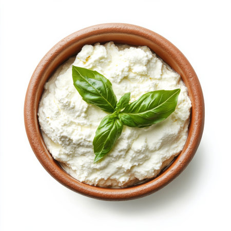 A bowl of fresh ricotta cheese, isolated on a white background, highlighting a soft and versatile cheeseの素材