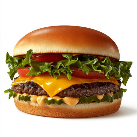 A classic cheeseburger with lettuce, tomato, and cheese, isolated on a white background, showcasing layers and appetizing detailの素材