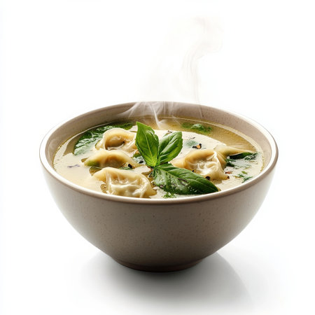 A bowl of steaming hot wonton soup, isolated on a white background, showcasing an inviting and warming dishの素材