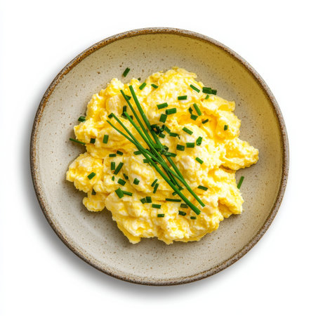 A plate of scrambled eggs with chives, isolated on a white background, highlighting a classic breakfast itemの素材
