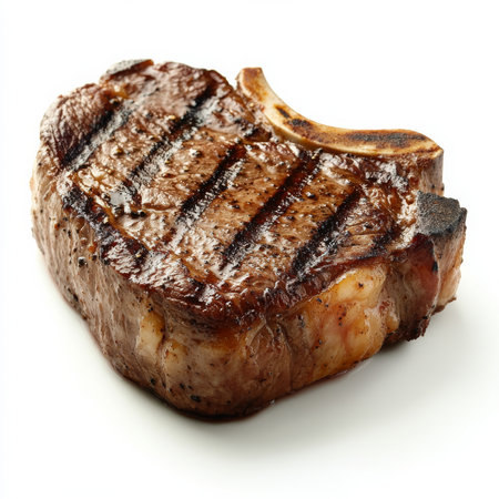 A juicy steak cooked medium-rare with grill marks, isolated on a white background, highlighting a hearty meal optionの素材
