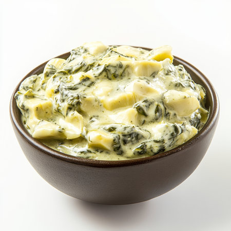 A bowl of creamy spinach and artichoke dip, isolated on a white background, showcasing a classic appetizerの素材