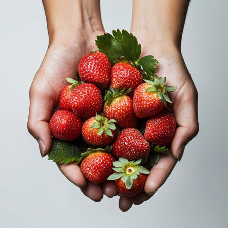 A handful of freshly picked strawberries with leaves, isolated on a white background, showing a sweet and juicy fruitの素材