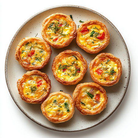 A plate of mini quiches with flaky crust, isolated on a white background, showing a versatile snack or appetizerの素材
