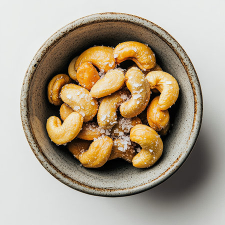 A small bowl of salted cashews, isolated on a white background, showcasing a crunchy and healthy snackの素材