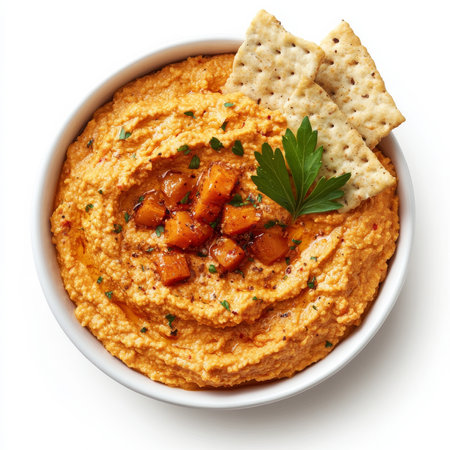 A bowl of roasted red pepper hummus, isolated on a white background, highlighting a colorful and flavorful dipの素材