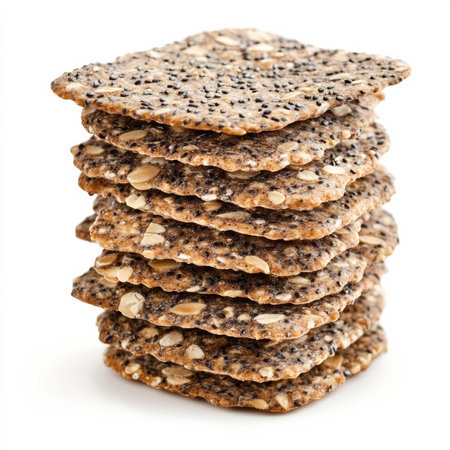 A stack of rye crackers, isolated on a white background, highlighting a healthy snack or bread alternativeの素材