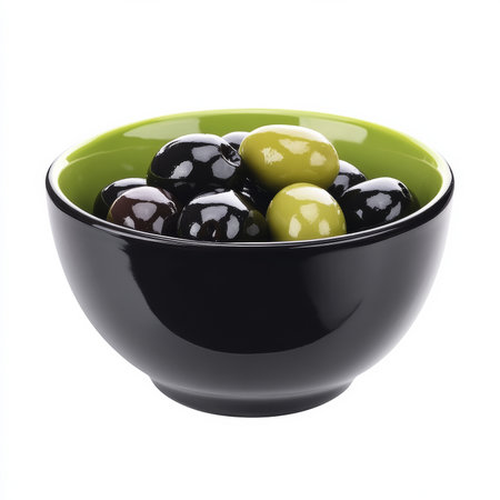 A bowl of mixed olives in black and green, isolated on a white background, emphasizing a Mediterranean snackの素材