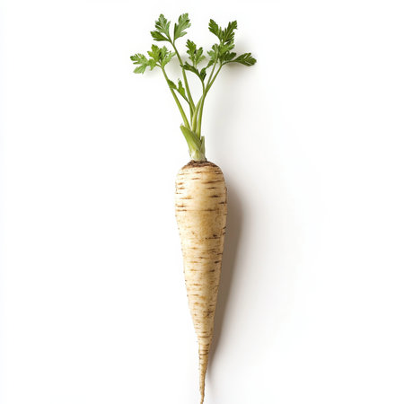 A single fresh parsnip, isolated on a white background, highlighting a root vegetableの素材