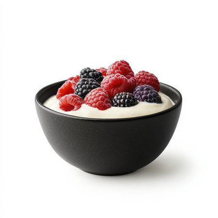 A bowl of yogurt topped with fresh berries, isolated on a white background, highlighting a nutritious breakfastの素材