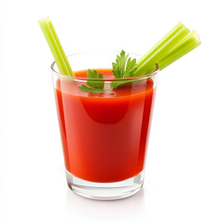 A small glass of tomato juice with a celery stick garnish, isolated on a white background, emphasizing a healthy beverageの素材