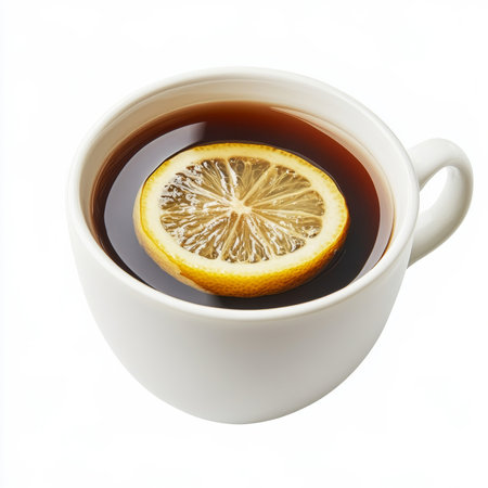 A cup of black tea with a lemon slice, isolated on a white background, highlighting a classic hot beverageの素材