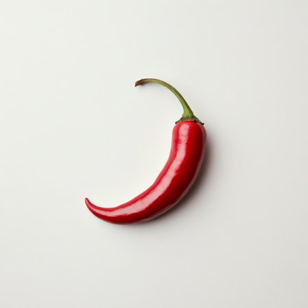 A single red chili pepper with stem, isolated on a white background, showing a spicy ingredientの素材