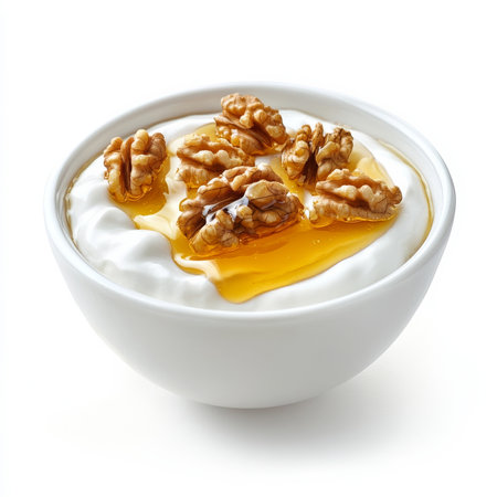 A bowl of Greek yogurt topped with honey and walnuts, isolated on a white background, emphasizing a nutritious breakfast or snackの素材