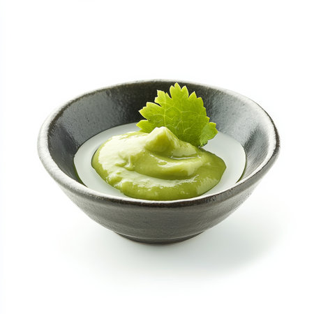 A small dish of wasabi and pickled ginger, isolated on a white background, showcasing common sushi condimentsの素材