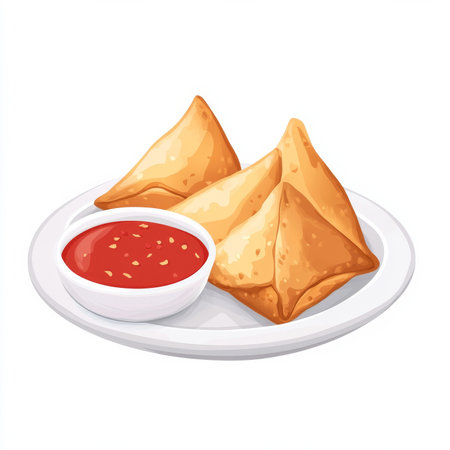 A plate of samosas with sauce, isolated on a white background, showcasing a popular snackの素材