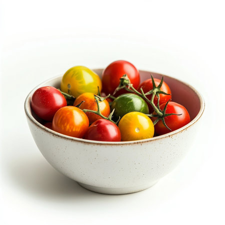 A bowl of cherry tomatoes, isolated on a white background, showcasing a colorful fruitの素材