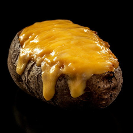 A single baked potato with melted cheese, isolated on a white background, showcasing a filling side dishの素材