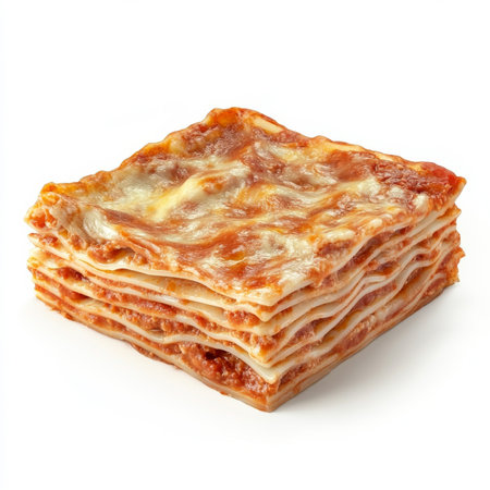 A slice of lasagna with visible layers, isolated on a white background, showing an Italian favoriteの素材