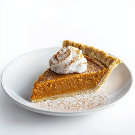 A slice of sweet potato pie with a dollop of whipped cream, isolated on a white background, emphasizing a seasonal dessertの素材