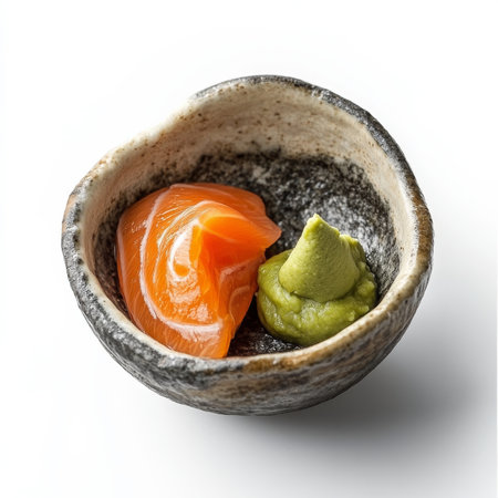 A small dish of wasabi and pickled ginger, isolated on a white background, showcasing common sushi condimentsの素材