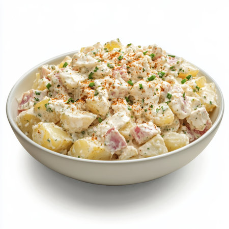 A bowl of classic potato salad with creamy dressing, isolated on a white background, showcasing a picnic stapleの素材