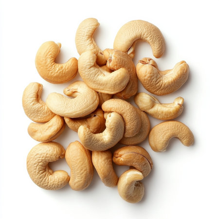 A handful of whole cashew nuts, isolated on a white background, showcasing a popular snackの素材