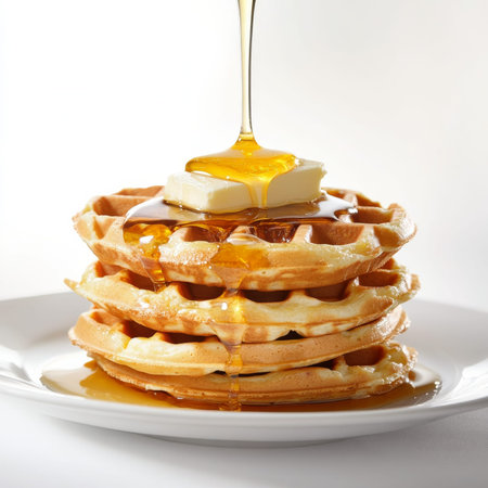 A stack of buttermilk waffles with butter and syrup, isolated on a white background, emphasizing a classic breakfastの素材