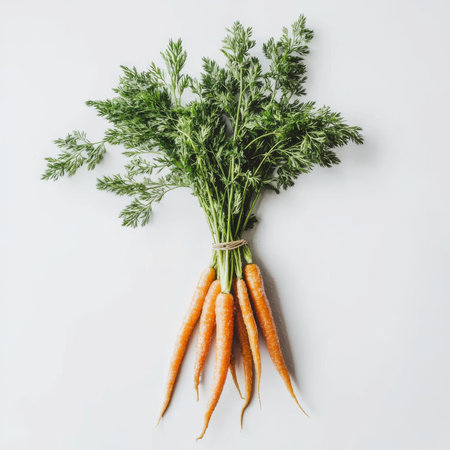 A bunch of freshly washed carrots with green tops, isolated on a white background, highlighting a crunchy vegetableの素材
