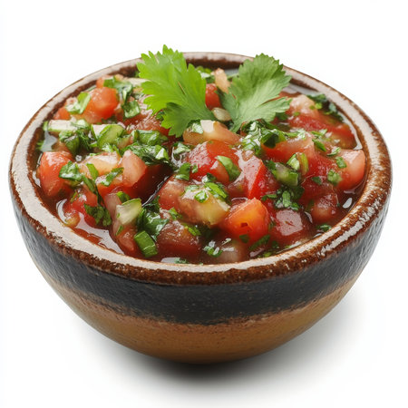 A small bowl of fresh salsa with tomato chunks and cilantro, isolated on a white background, highlighting a vibrant dip for snacksの素材