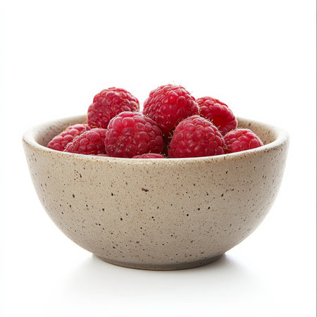 A small bowl of fresh raspberries, isolated on a white background, highlighting their vibrant color and juicy textureの素材