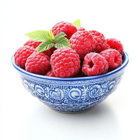 A small bowl of fresh raspberries, isolated on a white background, highlighting their vibrant color and juicy textureの素材