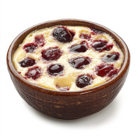 A bowl of cherry clafoutis, isolated on a white background, highlighting a French dessertの素材