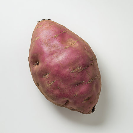 A single sweet potato with visible skin, isolated on a white background, showing a root vegetableの素材