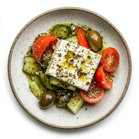 A plate of Greek salad with feta and olives, isolated on a white background, showcasing a fresh side dishの素材