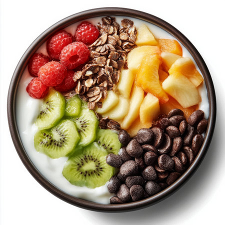 A bowl of creamy coconut yogurt with fruit toppings, isolated on a white background, highlighting a dairy-free optionの素材