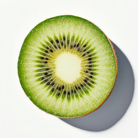 A fresh kiwi cut in half with seeds visible, isolated on a white background, showing its vibrant green color and juicy textureの素材