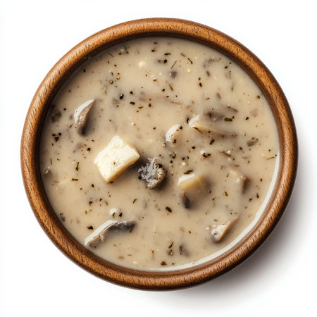 A bowl of creamy mushroom soup, isolated on a white background, emphasizing a warm mealの素材