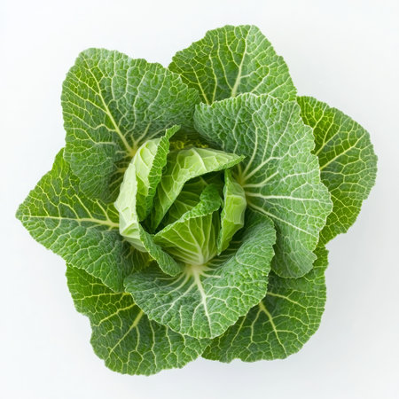 A fresh cabbage head with bright green leaves, isolated on a white background, showing a leafy vegetableの素材