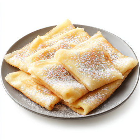 A plate of freshly made crepes with powdered sugar, isolated on a white background, emphasizing a light and sweet treatの素材