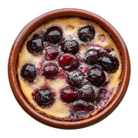 A bowl of cherry clafoutis, isolated on a white background, highlighting a French dessertの素材