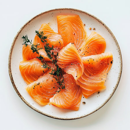 A plate of smoked salmon slices, isolated on a white background, showcasing a rich and savory optionの素材