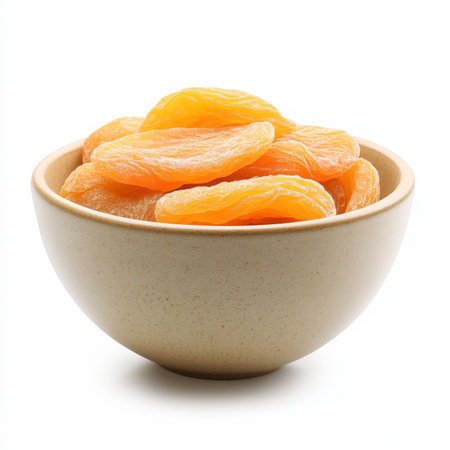 A bowl of dried apricots, isolated on a white background, highlighting a sweet dried fruit snackの素材