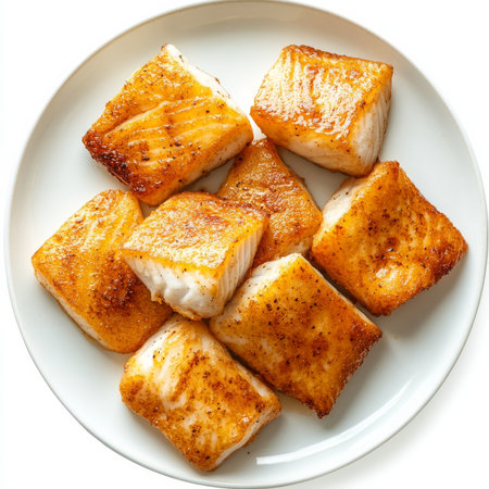 A plate of crispy fish fillets, isolated on a white background, highlighting a favorite seafoodの素材