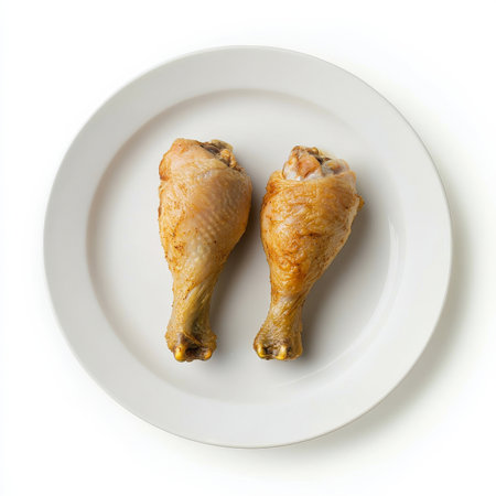 A plate of baked chicken drumsticks, isolated on a white background, highlighting a savory mealの素材