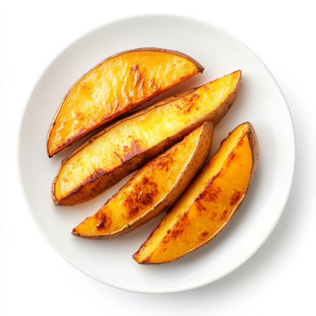 A plate of baked potato wedges, isolated on a white background, highlighting a popular snackの素材