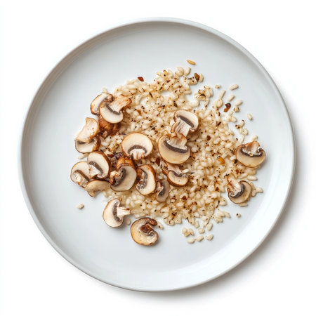 A plate of risotto with mushrooms, isolated on a white background, showing a classic Italian dishの素材