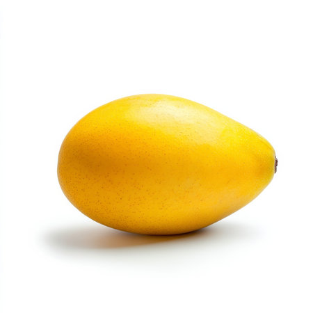 A single yellow mango, isolated on a white background, showing a tropical fruitの素材