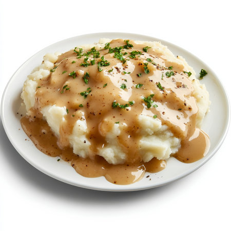 A plate of mashed potatoes with gravy, isolated on a white background, showcasing a classic side dishの素材