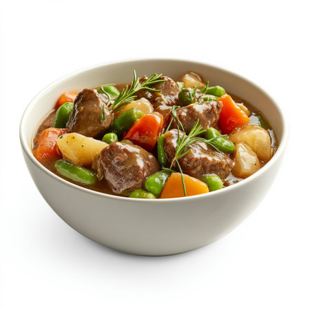 A bowl of tender beef stew with vegetables, isolated on a white background, highlighting a hearty mealの素材